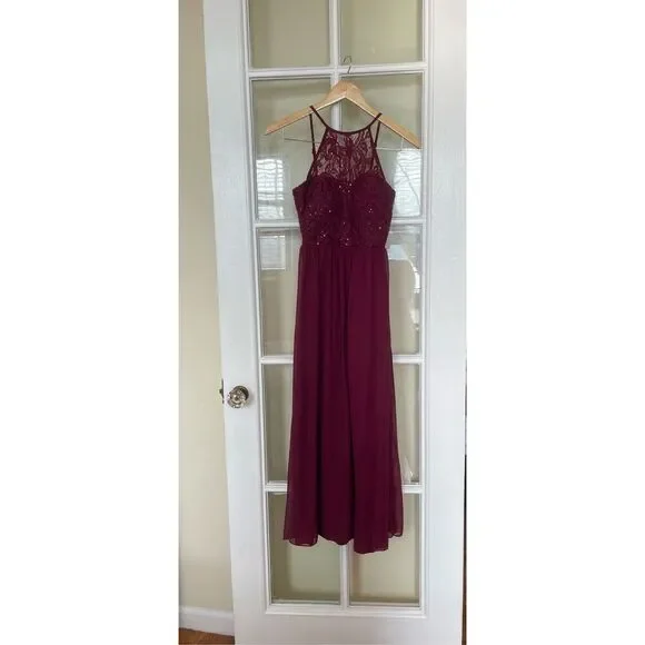 Preowned speechless burgundy lace halter top maxi gown dress junior teen size 3 - Picture 5 of 14